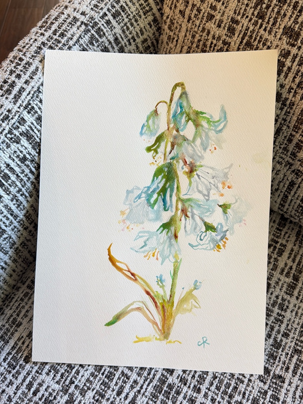 Hand-Painted Floral Watercolor Print in White and Green with Gold Accents
